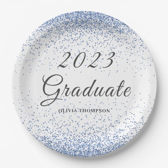 2023 Graduation Blue Glitter  Paper Plates (Front)