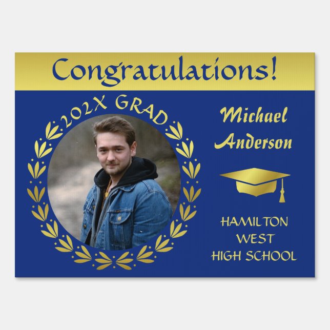 2023 Graduation Gold Blue Laurel Wreath Photo Sign (Front)