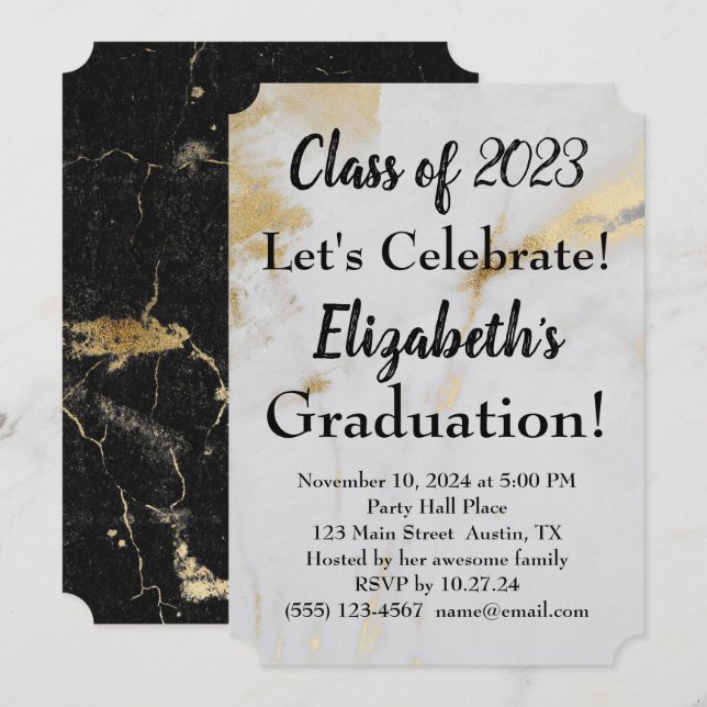 2023 Graduation Gold Gray Marble with Black Text  Invitation (Front/Back)
