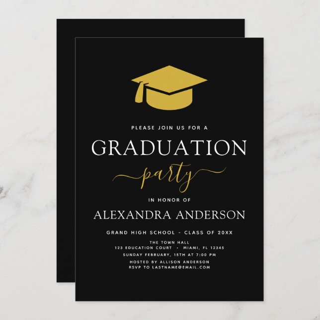 2023 Graduation Party Black Gold Modern Elegant Invitation (Front/Back)