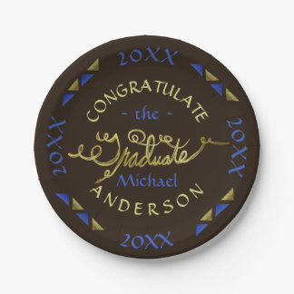2023 Graduation Party Blue Brown Faux Gold Custom Paper Plates