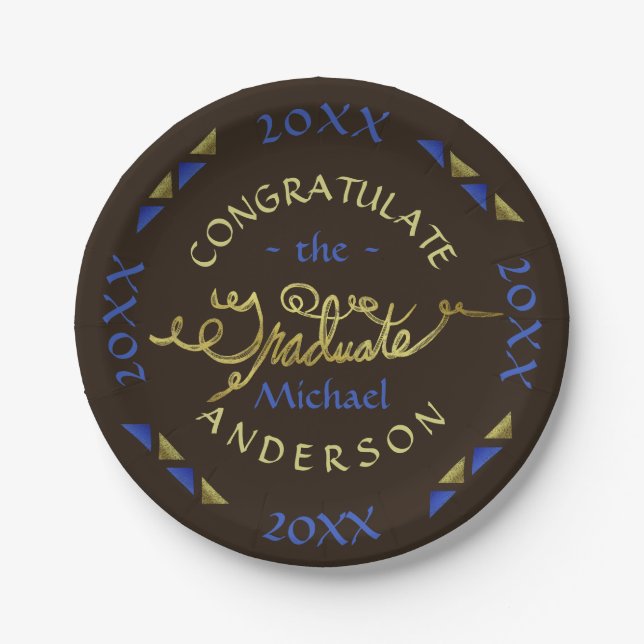 2023 Graduation Party Blue Brown Faux Gold Custom Paper Plates (Front)