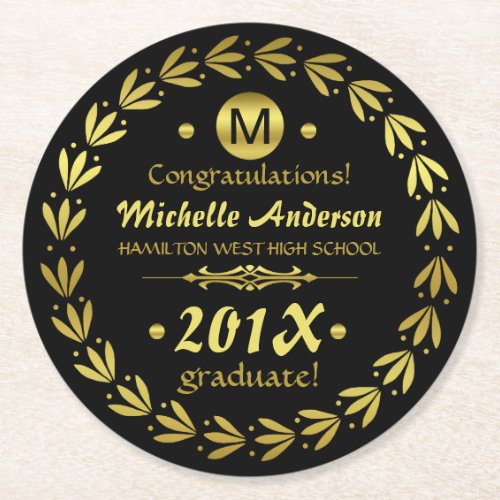 2023 Graduation Party  Custom Gold Laurel Wreath Round Paper Coaster