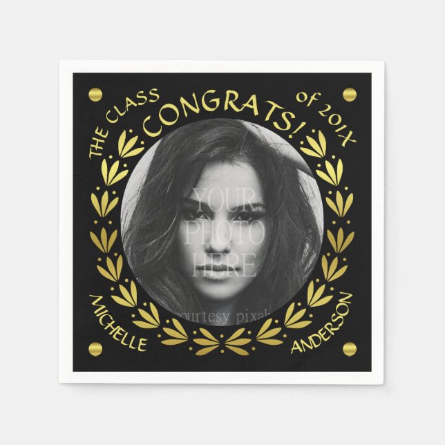2023 Graduation Party Gold Black Laurel Wreath Paper Napkins (Front)