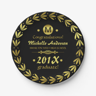 2023 Graduation Party Laurel Wreath Gold Black Paper Plates