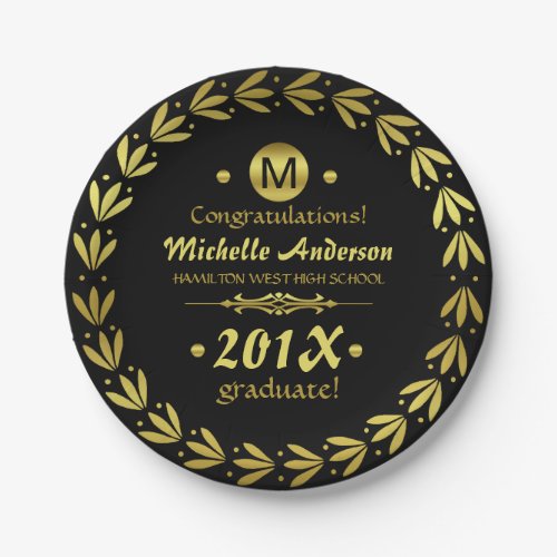 2023 Graduation Party  Laurel Wreath Gold Black Paper Plates