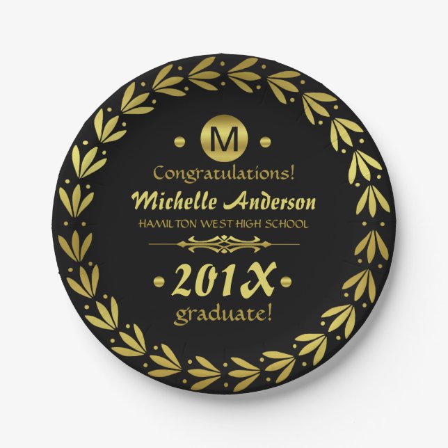 2023 Graduation Party | Laurel Wreath Gold Black Paper Plates (Front)