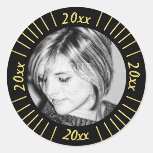 2023 Graduation Party Photo Black Gold Mod Stripes Classic Round Sticker