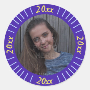 2023 Graduation Party Photo Cute Purple Stripes Classic Round Sticker