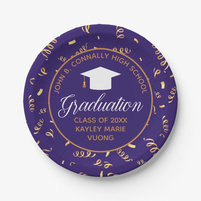 2023 Graduation Purple Gold Custom Streamers Party Paper Plates (Front)