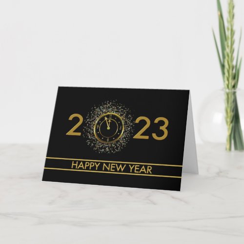 2023 HAPPY NEW YEAR  BLACK GOLD CLOCK HOLIDAY CARD