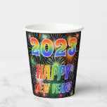 [ Thumbnail: 2023 Happy New Year!, Colorful Fireworks Pattern Paper Cups ]