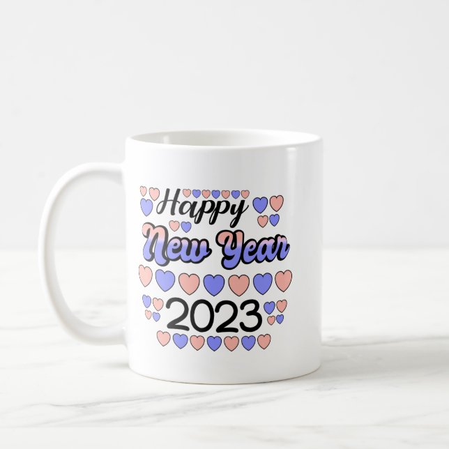 2023 Happy New Year Colorful text and hearts Coffee Mug (Left)