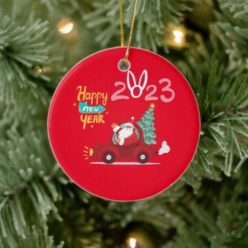 2023 Happy New Year Driver Santa Claus Car Red Ceramic Ornament
