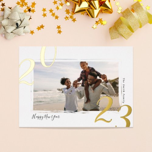 2023 Happy New Year Photo and Shiny Gold Foil Holiday Card