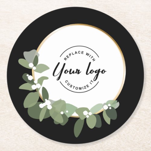 2023 Holiday Corporate Green Wreath Custom Logo Round Paper Coaster