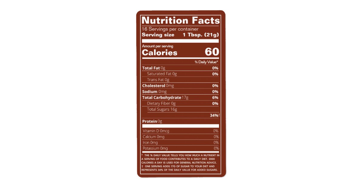 2023 Honey Nutrition Facts Dark Amber Product Label | Zazzle