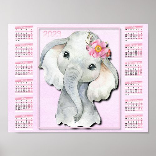 2023 Kids Calendar Watercolor Elephant Flowers Poster