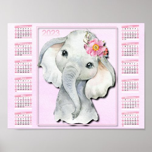 2023 Kids Calendar Watercolor Elephant Girls Poster