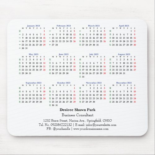 2023 Mini Calendar Monday ISO Week White Mouse Pad