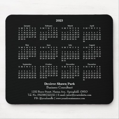 2023 Mini Calendar SUNDAY Start BLACK Mouse Pad