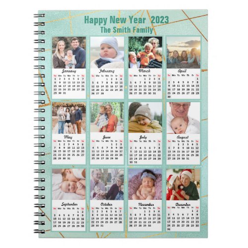 2023 Mint Gold Modern Family 12 Photo Calendar Notebook