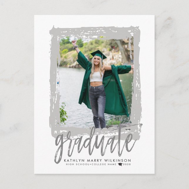 2023 Modern Brush Script Silver Photo Graduation  Invitation Postcard (Front)
