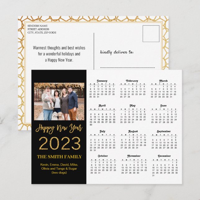 2023 Modern Gold Glitter Script Photo Calendar Postcard (Front/Back)