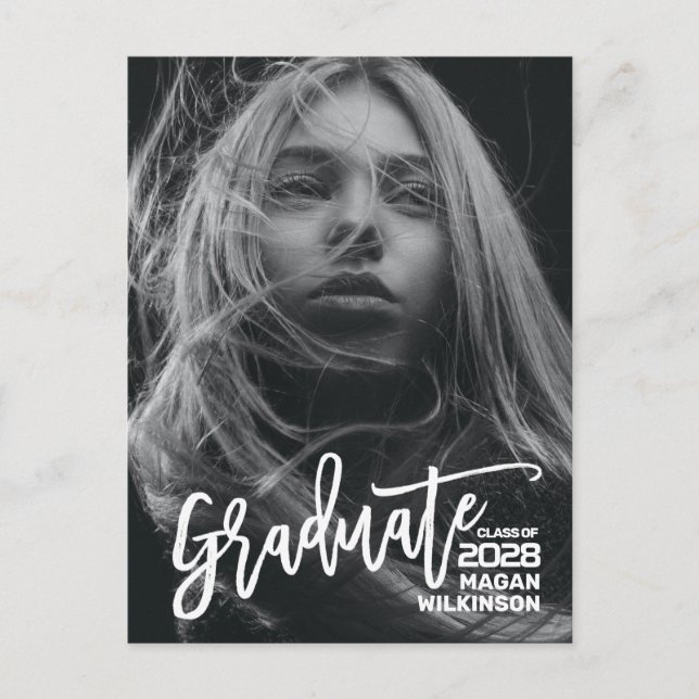 2023 Modern Script Minimalist Photo Graduation Announcement Postcard (Front)