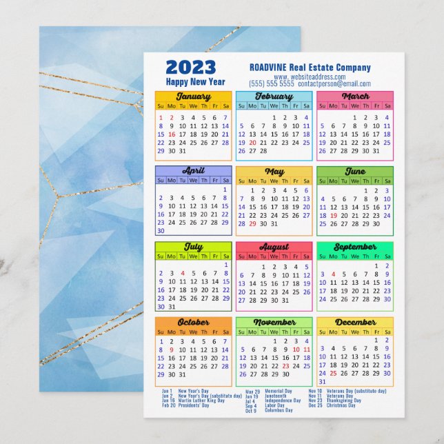 2023 Modern Yearly Calendar Corporate Blue Gold Holiday Card (Front/Back)