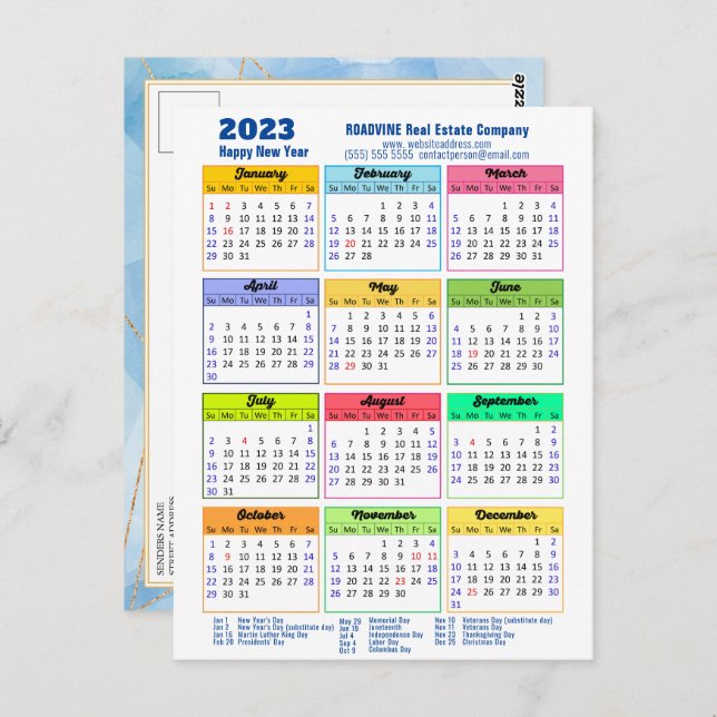 2023 Modern Yearly Calendar Corporate Blue Gold Postcard (Front/Back)
