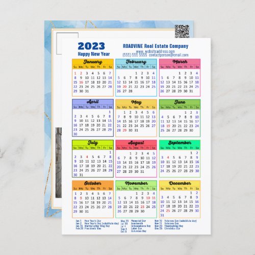 2023 Modern Yearly Calendar Corporate Blue Gold Postcard