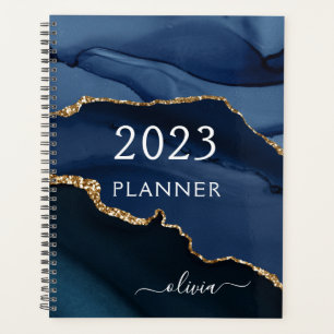 2023 Navy Blue Gold Agate Geode Script Monogram Planner