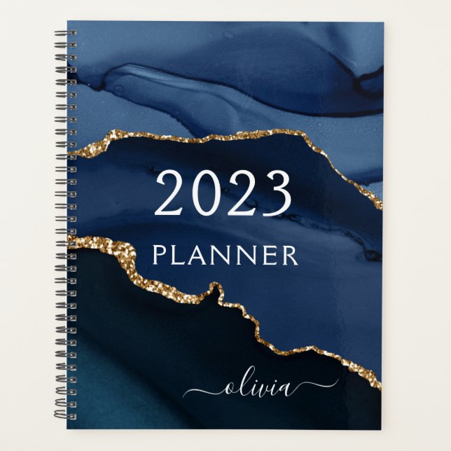 2023 Navy Blue Gold Agate Geode Script Monogram Planner (Front)
