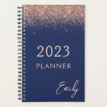 2023 Navy Blue Rose Gold Blush Pink Glitter Planner<br><div class="desc">2023 Navy Blue and Rose Gold - Blush Pink Sparkle Glitter Monogram Name and Initial Spiral Notebook. This makes the perfect sweet 16 birthday,  wedding,  bridal shower,  anniversary,  baby shower or bachelorette party gift for someone that loves glam luxury and chic styles.</div>