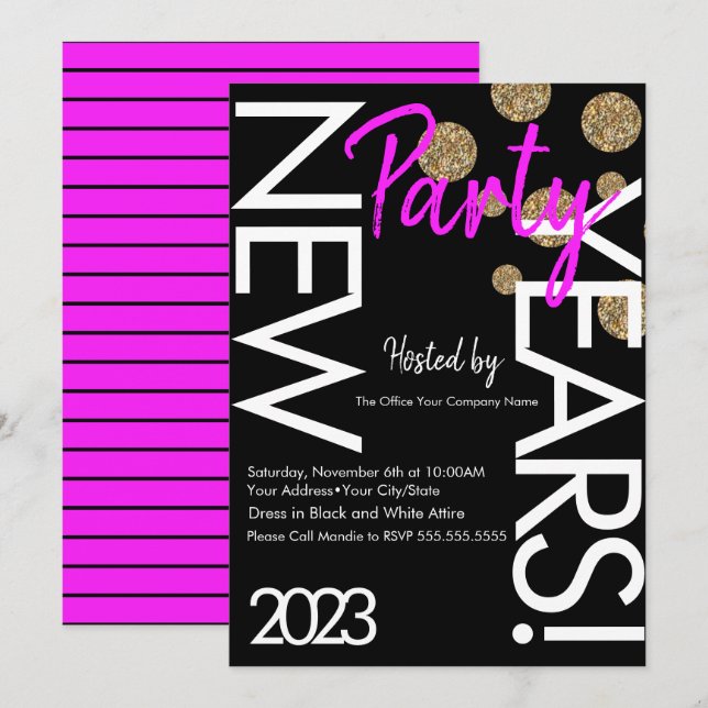 2023 Neon New Years Party Pink White Typography  Invitation (Front/Back)