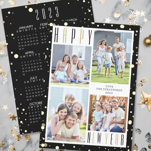 2023 NEW YEAR Calendar Black Gold 4 Photo Collage Holiday Card