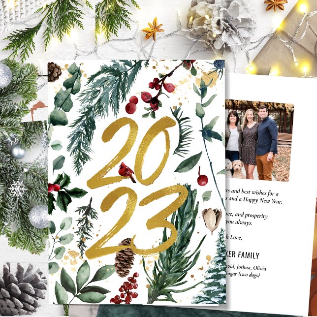 2023 New Year Festive Pine Bough Gold Script Photo Holiday Card (Creator Uploaded)