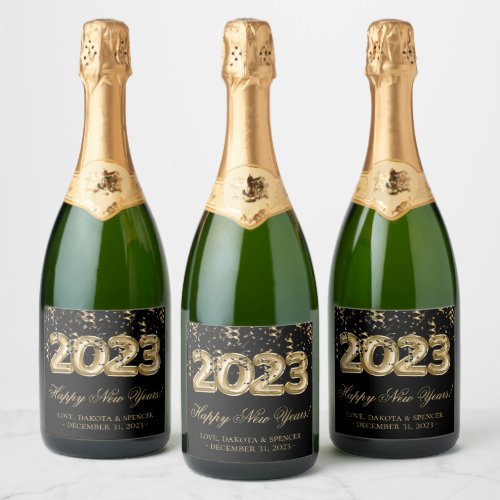 2023 New Years  Gold and Black Balloon Confetti Sparkling Wine Label