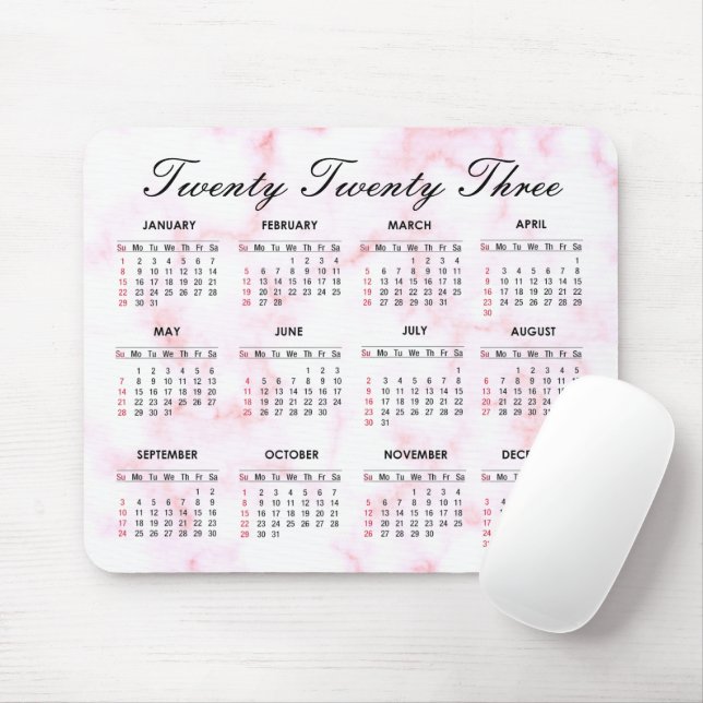 2023 Pink and White Marble Calendar Mouse Pad (With Mouse)