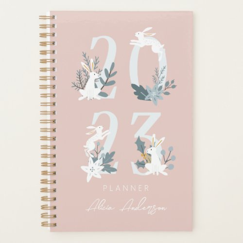 2023 Pink Winter Floral  Foliage Bunny Planner