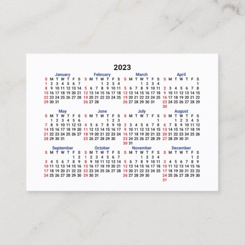 2023 Pocket Calendar SUNDAY Minimalist Business Card