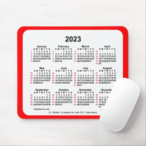 2023 Red 52 Weeks Iso Calendar By Janz Mouse Pad Zazzle 3860