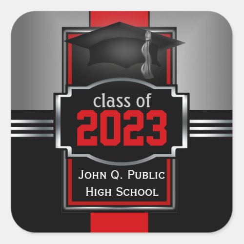 2023 Red Graduation Year and School Square Sticker