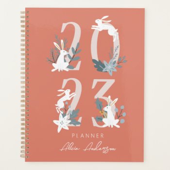 2023 Red Winter Floral & Foliage Bunny Planner by rikkas at Zazzle