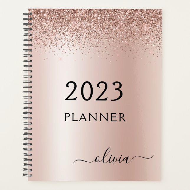 2023 Rose Gold Blush Pink Glitter Monogram Planner (Front)