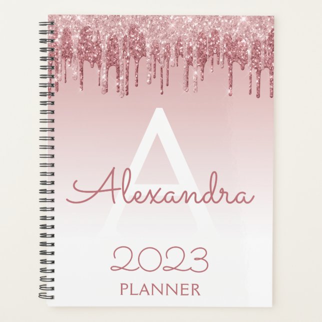2023 Rose Gold Blush Pink Glitter Sparkle Monogram Planner (Front)