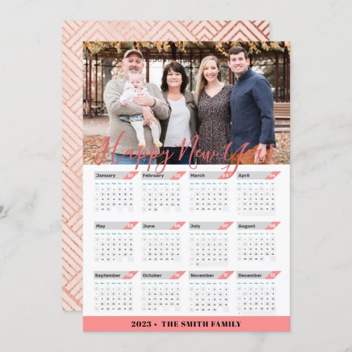 2023 Rose Gold Calendar Modern Family Photo Simple Holiday Card