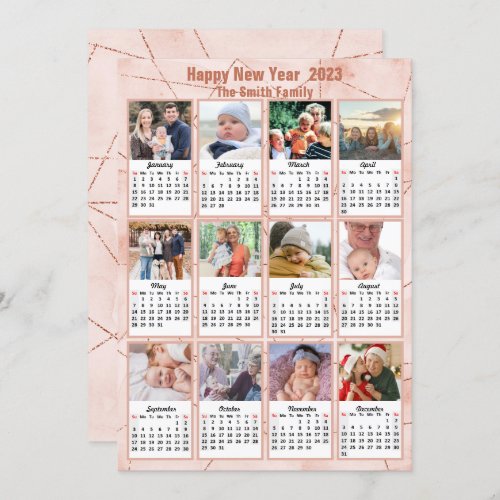 2023 Rose Gold Modern Family 12 Photo Calendar Holiday Card