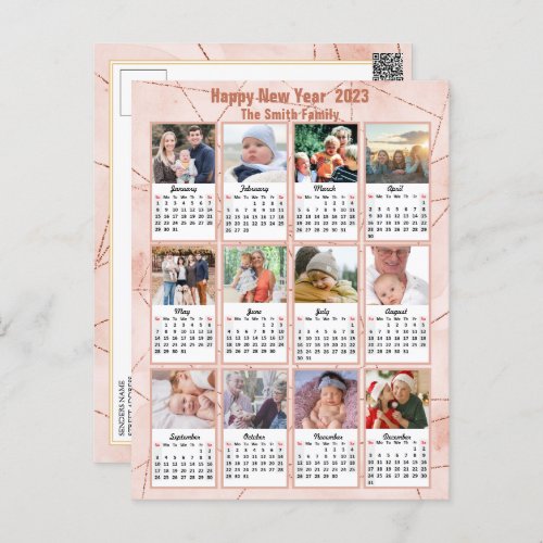 2023 Rose Gold Modern Family 12 Photo Calendar Postcard